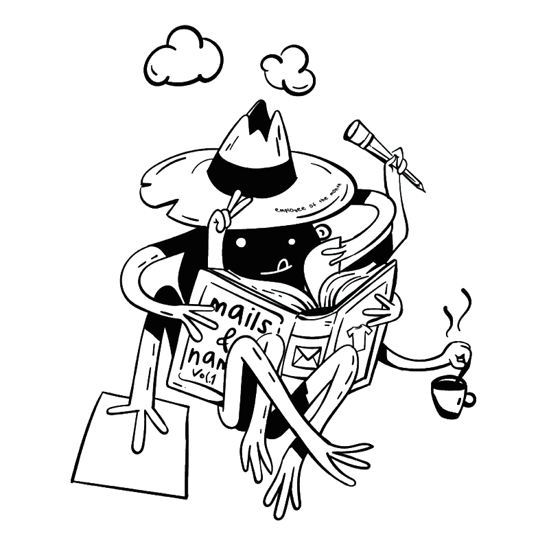 Gezeichnete Figur mit Hut „employee of the month“, die eine Zeitschrift namens „mails & news vol. 1“ liest und Kaffee trinkt